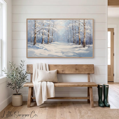 Quiet Snowy Forest Path Frame TV Art displayed on a TV