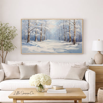 Quiet Snowy Forest Path Frame TV Art displayed on a TV