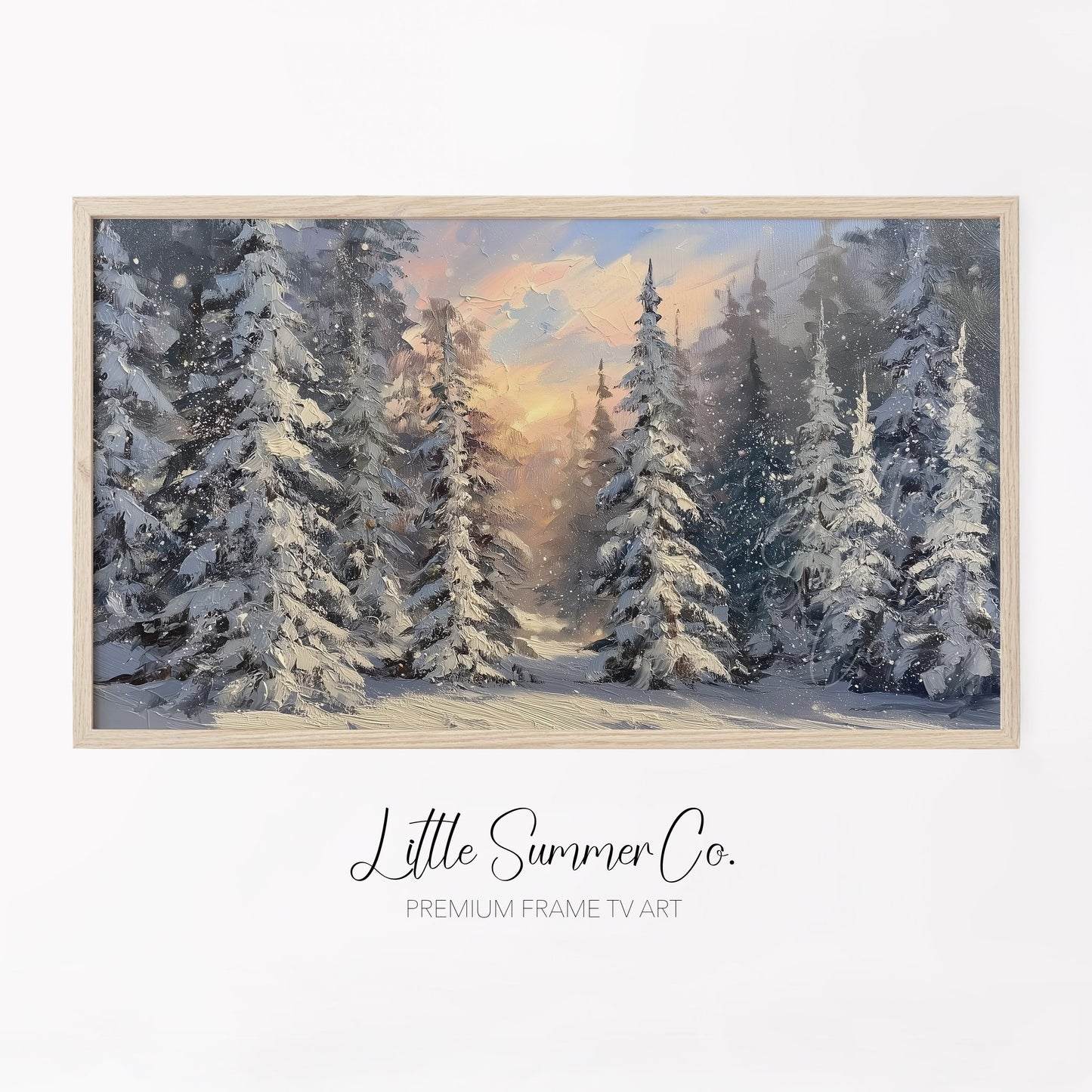 Snowy Pine Forest Sunset Frame TV Art displayed on a TV