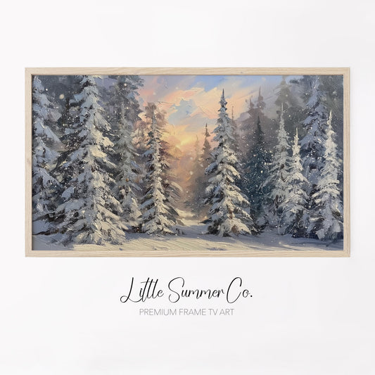 Snowy Pine Forest Sunset Frame TV Art displayed on a TV