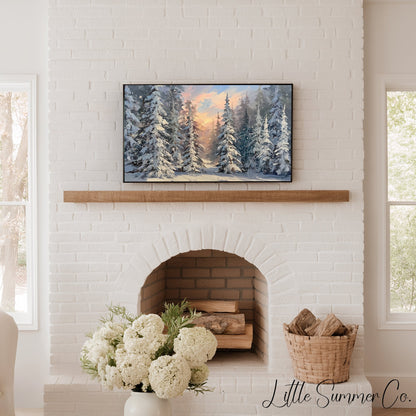 Snowy Pine Forest Sunset Frame TV Art displayed on a TV