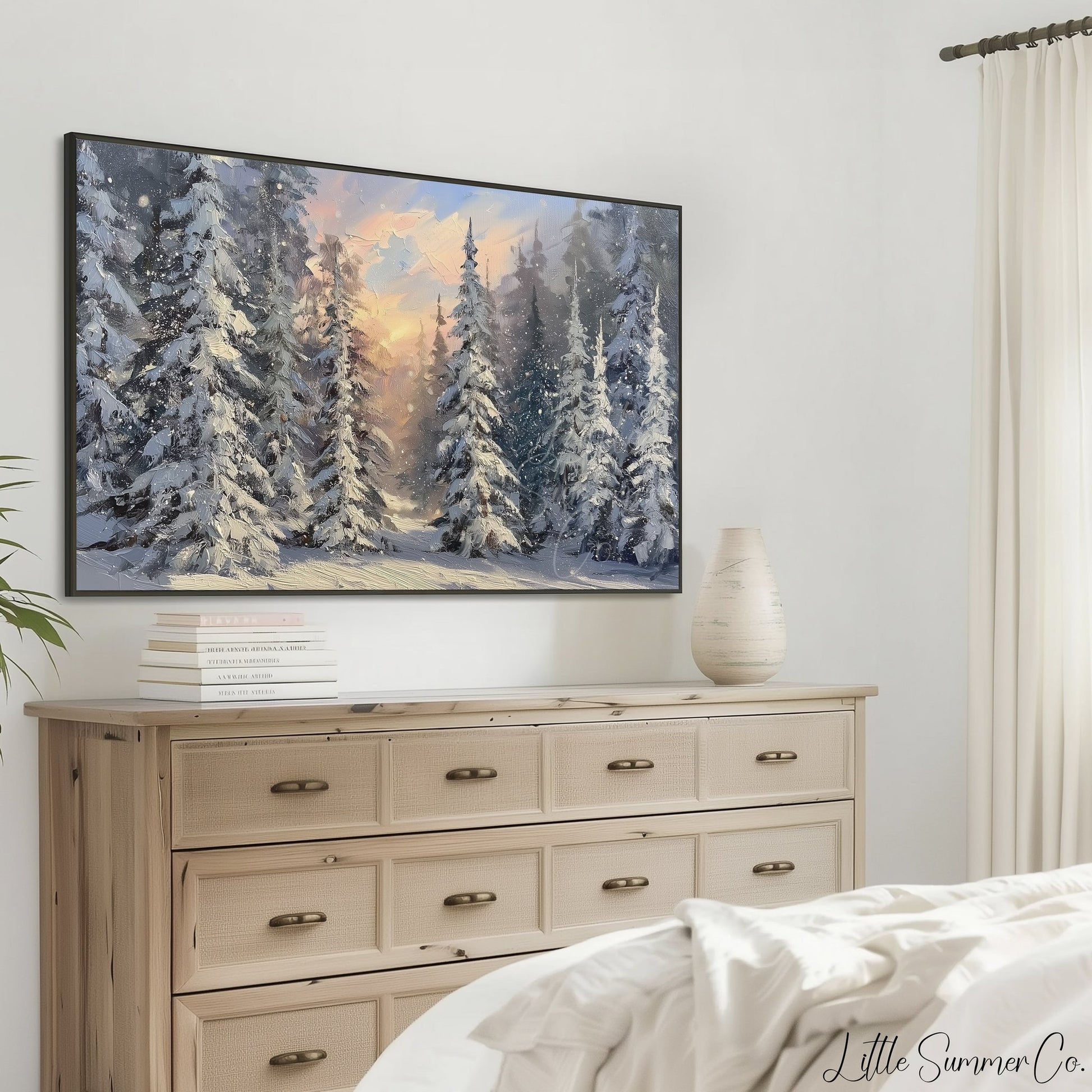 Snowy Pine Forest Sunset Frame TV Art displayed on a TV