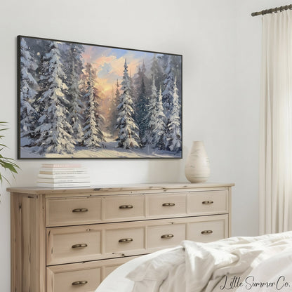 Snowy Pine Forest Sunset Frame TV Art displayed on a TV