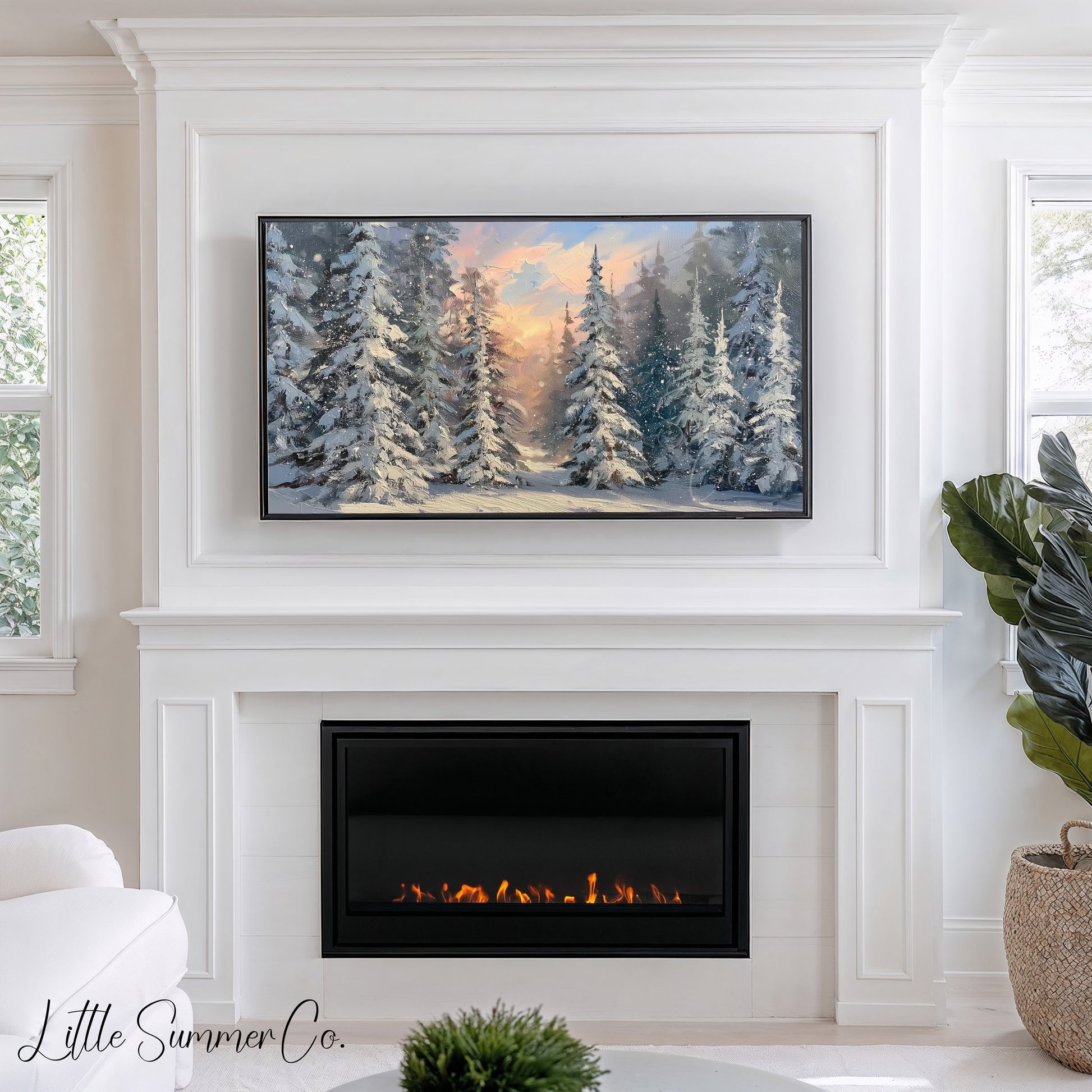 Snowy Pine Forest Sunset Frame TV Art displayed on a TV