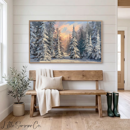 Snowy Pine Forest Sunset Frame TV Art displayed on a TV