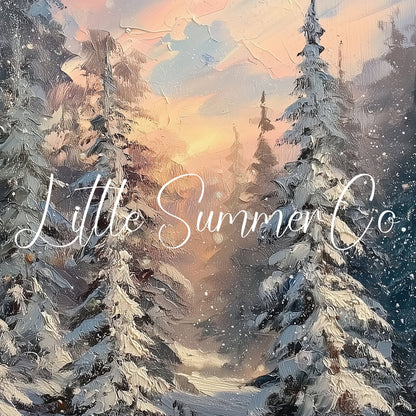 Snowy Pine Forest Sunset Frame TV Art displayed on a TV