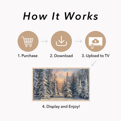 Snowy Pine Forest Sunset Frame TV Art displayed on a TV