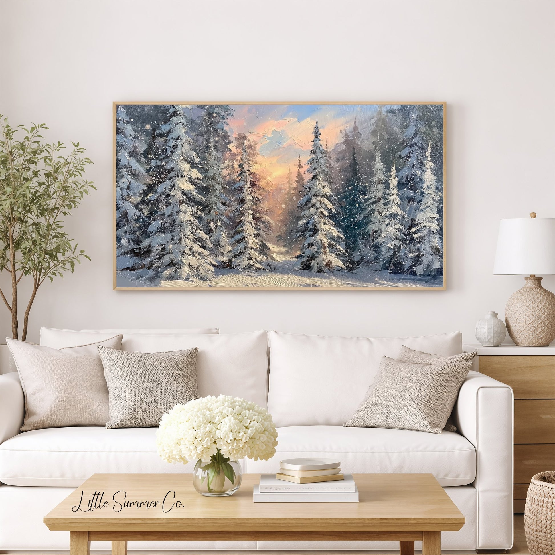 Snowy Pine Forest Sunset Frame TV Art displayed on a TV