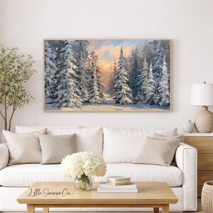 Snowy Pine Forest Sunset Frame TV Art displayed on a TV