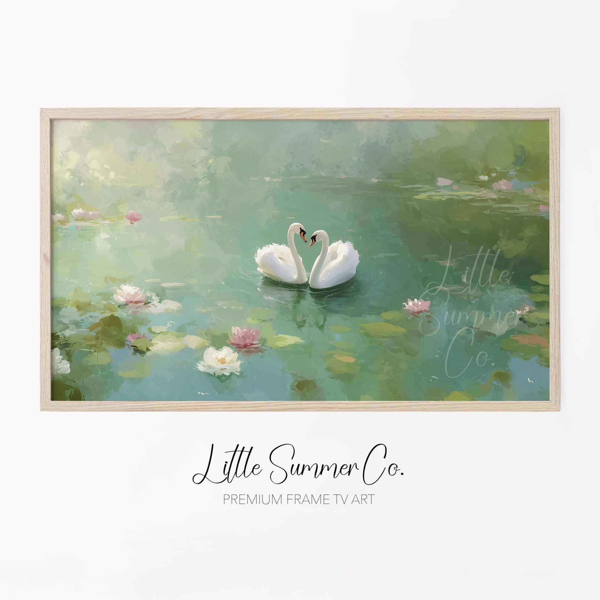 Lily Pond Swans Frame TV Art displayed on a TV