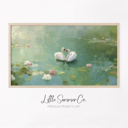 Lily Pond Swans Frame TV Art displayed on a TV