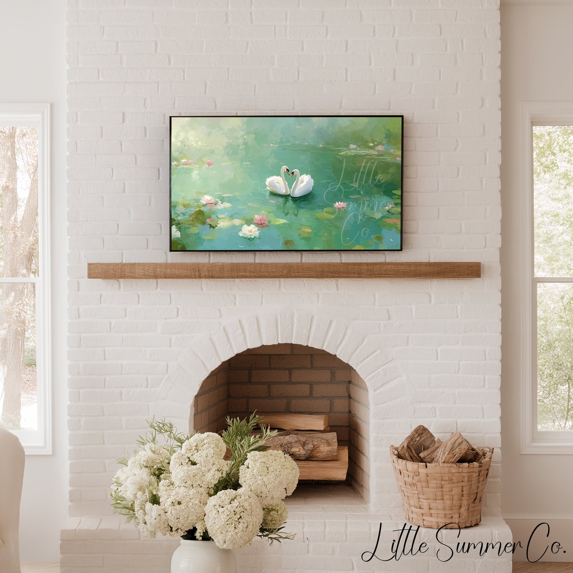 Lily Pond Swans Frame TV Art displayed on a TV