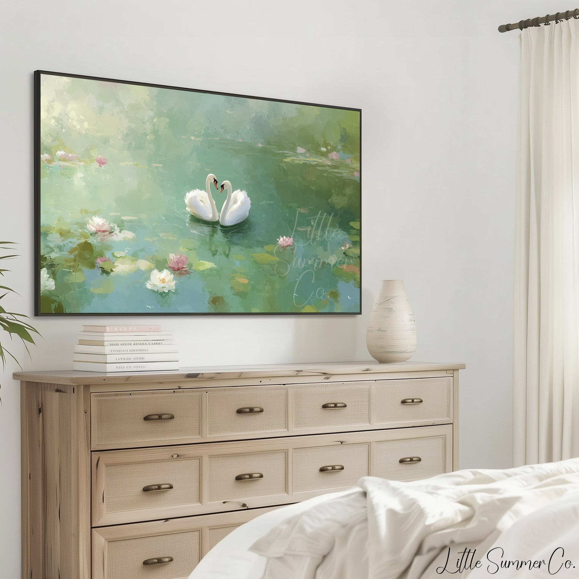 Lily Pond Swans Frame TV Art displayed on a TV