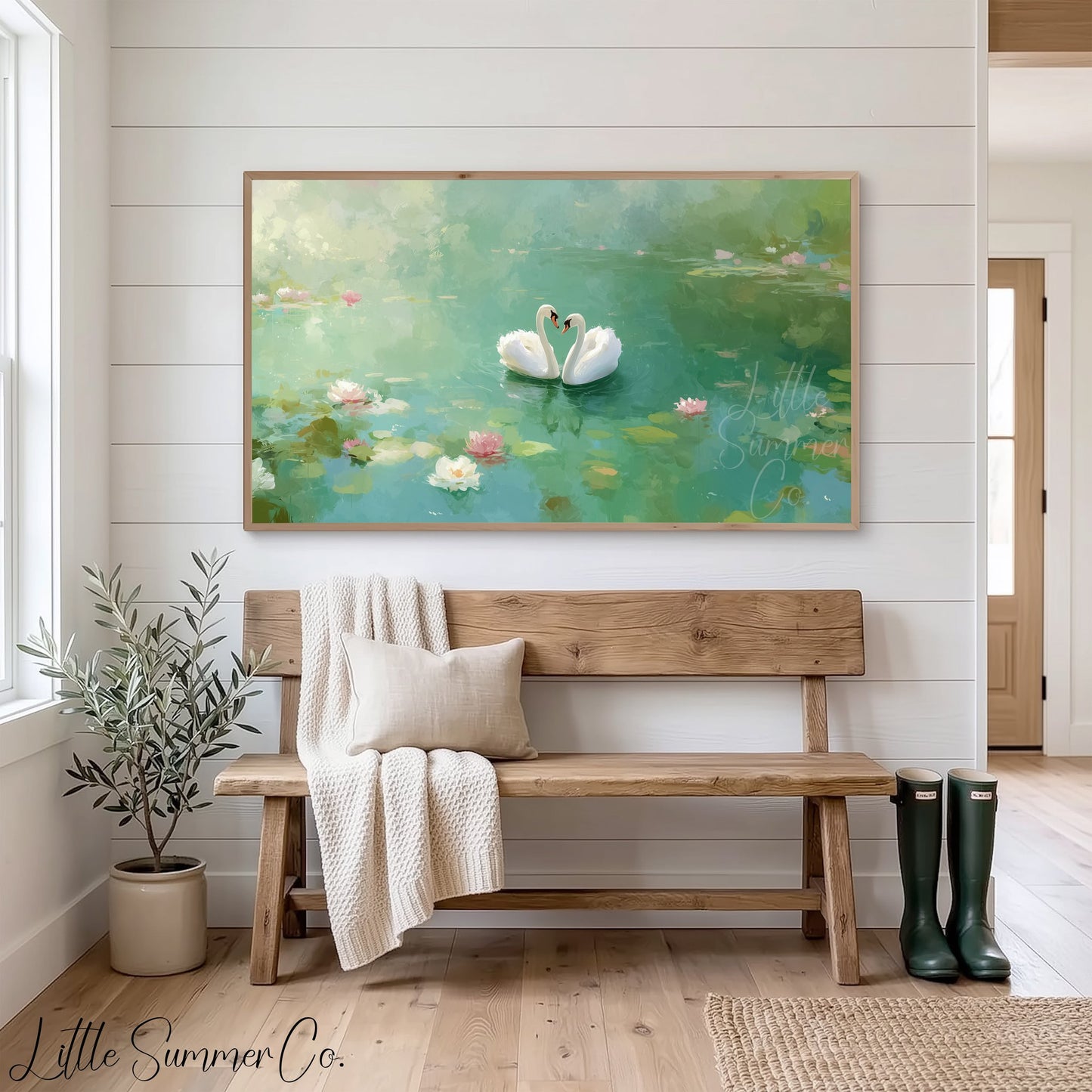 Lily Pond Swans Frame TV Art displayed on a TV