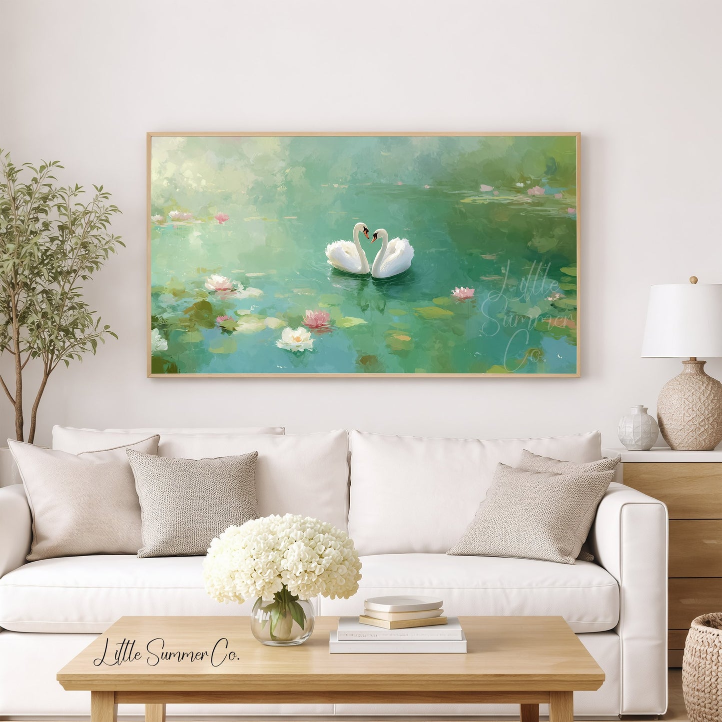 Lily Pond Swans Frame TV Art displayed on a TV