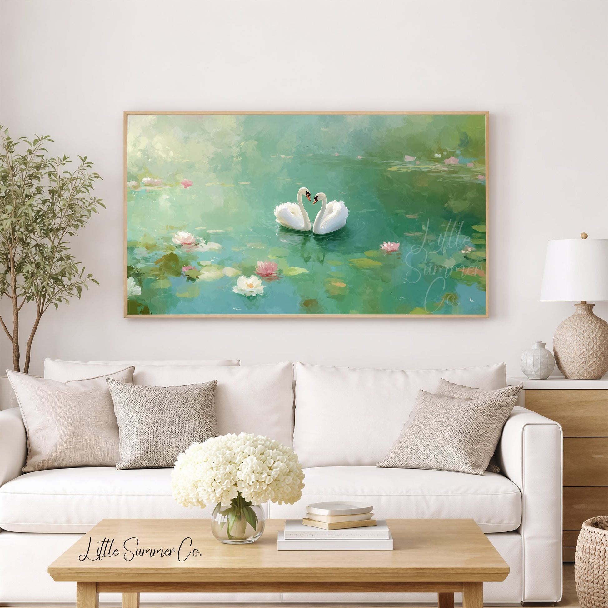 Lily Pond Swans Frame TV Art displayed on a TV