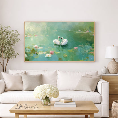 Lily Pond Swans Frame TV Art displayed on a TV
