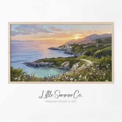 Coastal Cliffs Sunset Frame TV Art displayed on a TV