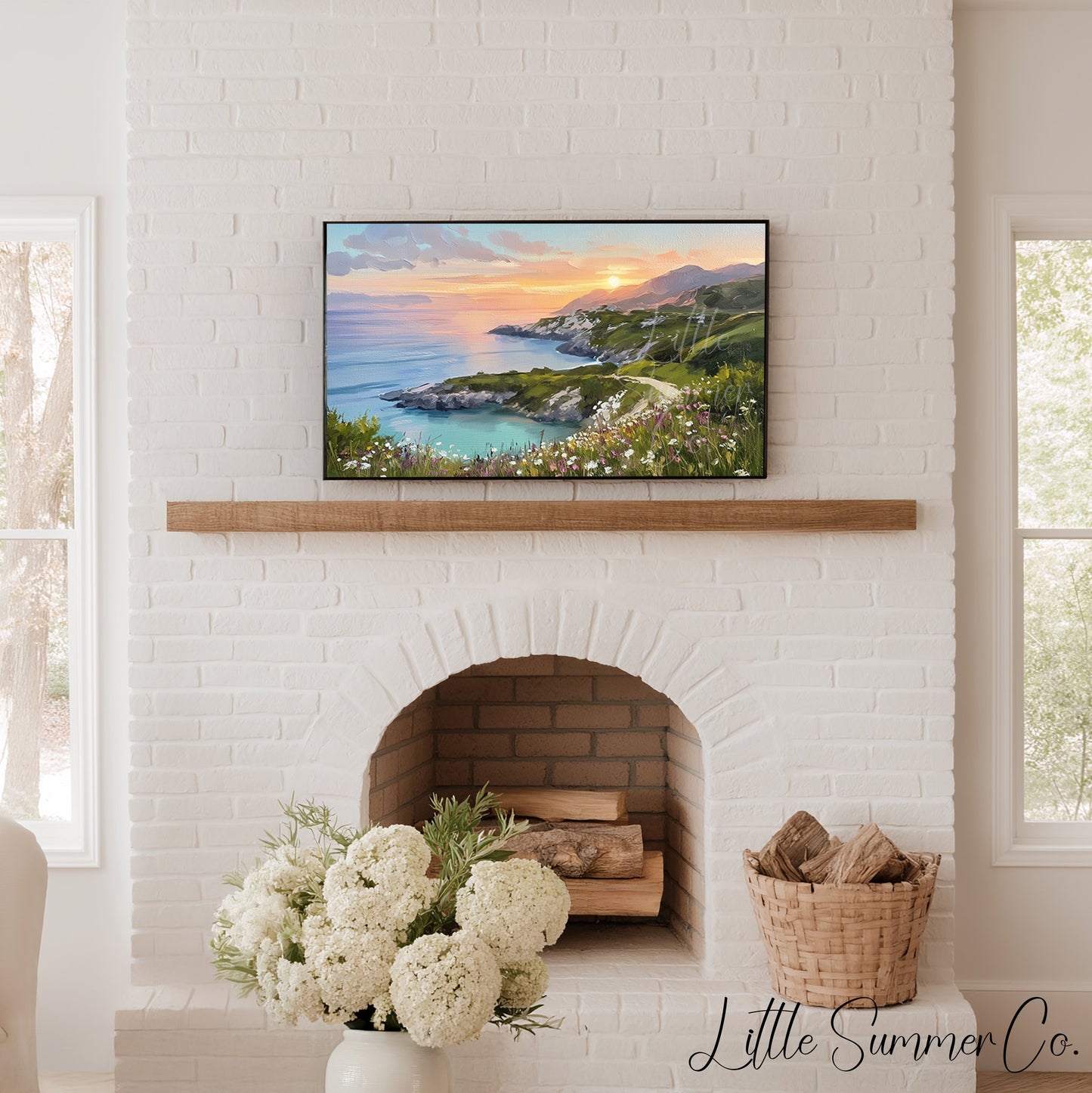 Coastal Cliffs Sunset Frame TV Art displayed on a TV