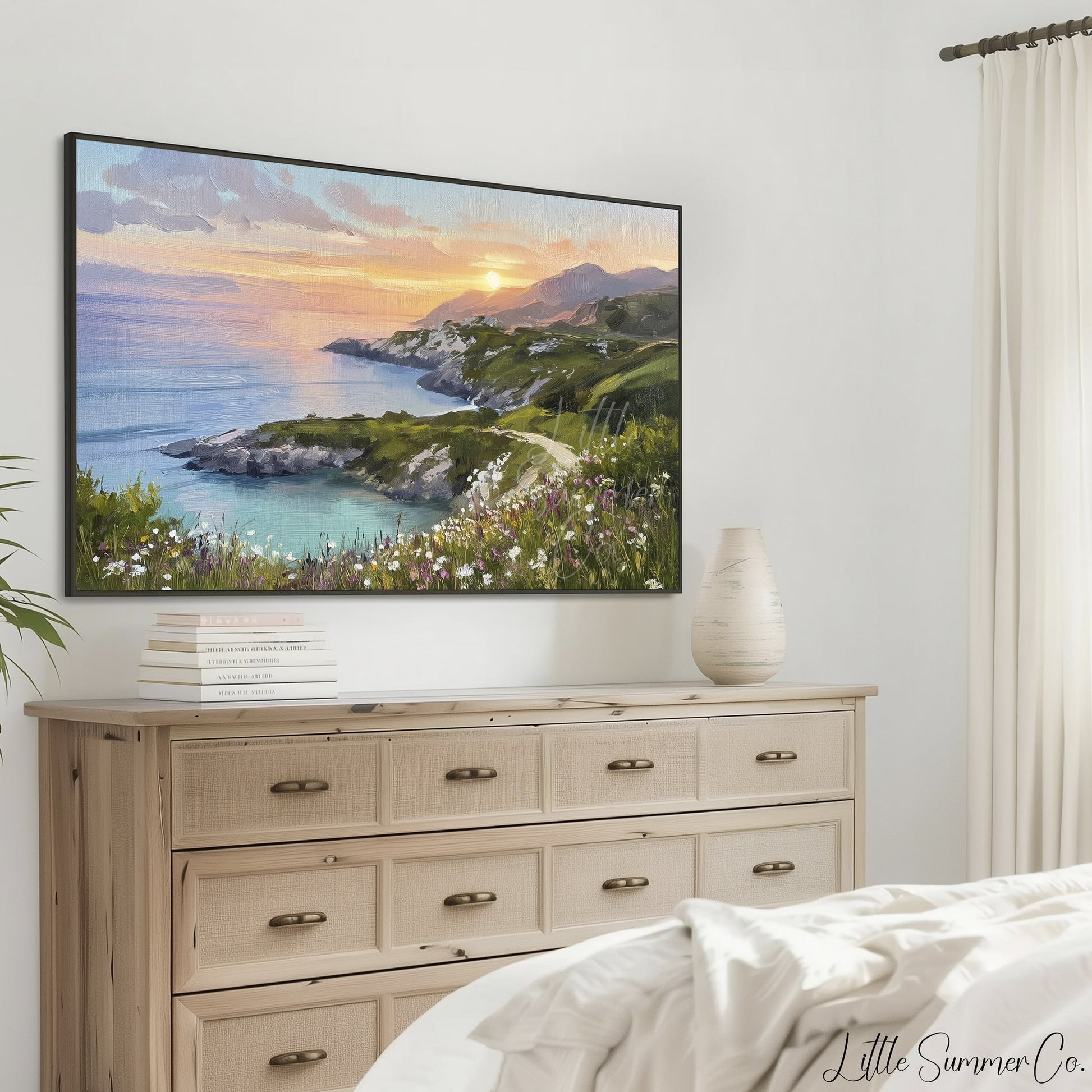 Coastal Cliffs Sunset Frame TV Art displayed on a TV