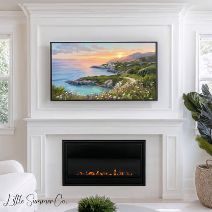 Coastal Cliffs Sunset Frame TV Art displayed on a TV