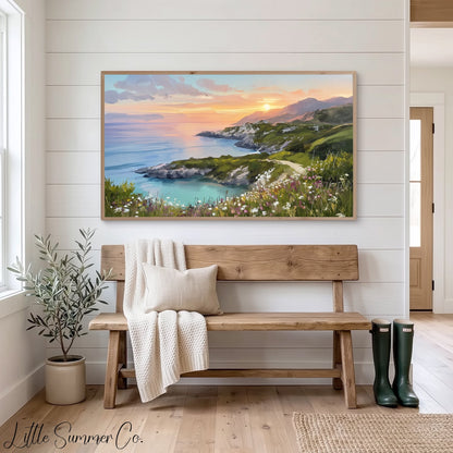 Coastal Cliffs Sunset Frame TV Art displayed on a TV