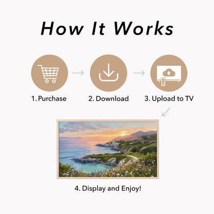 Coastal Cliffs Sunset Frame TV Art displayed on a TV