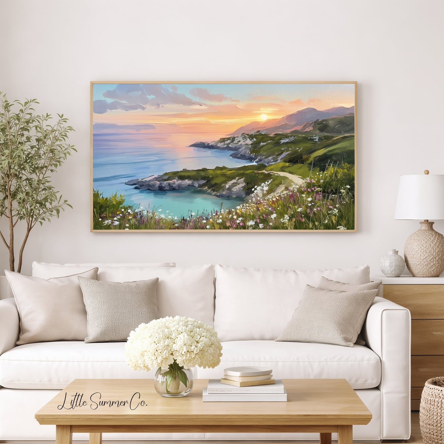 Coastal Cliffs Sunset Frame TV Art displayed on a TV