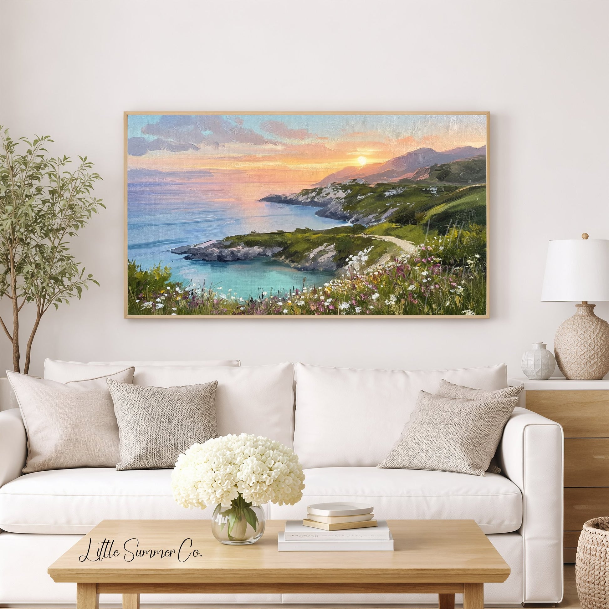 Coastal Cliffs Sunset Frame TV Art displayed on a TV