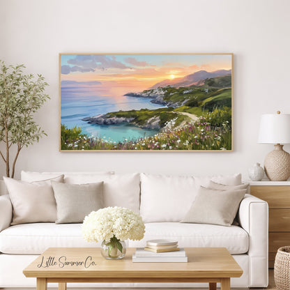 Coastal Cliffs Sunset Frame TV Art displayed on a TV