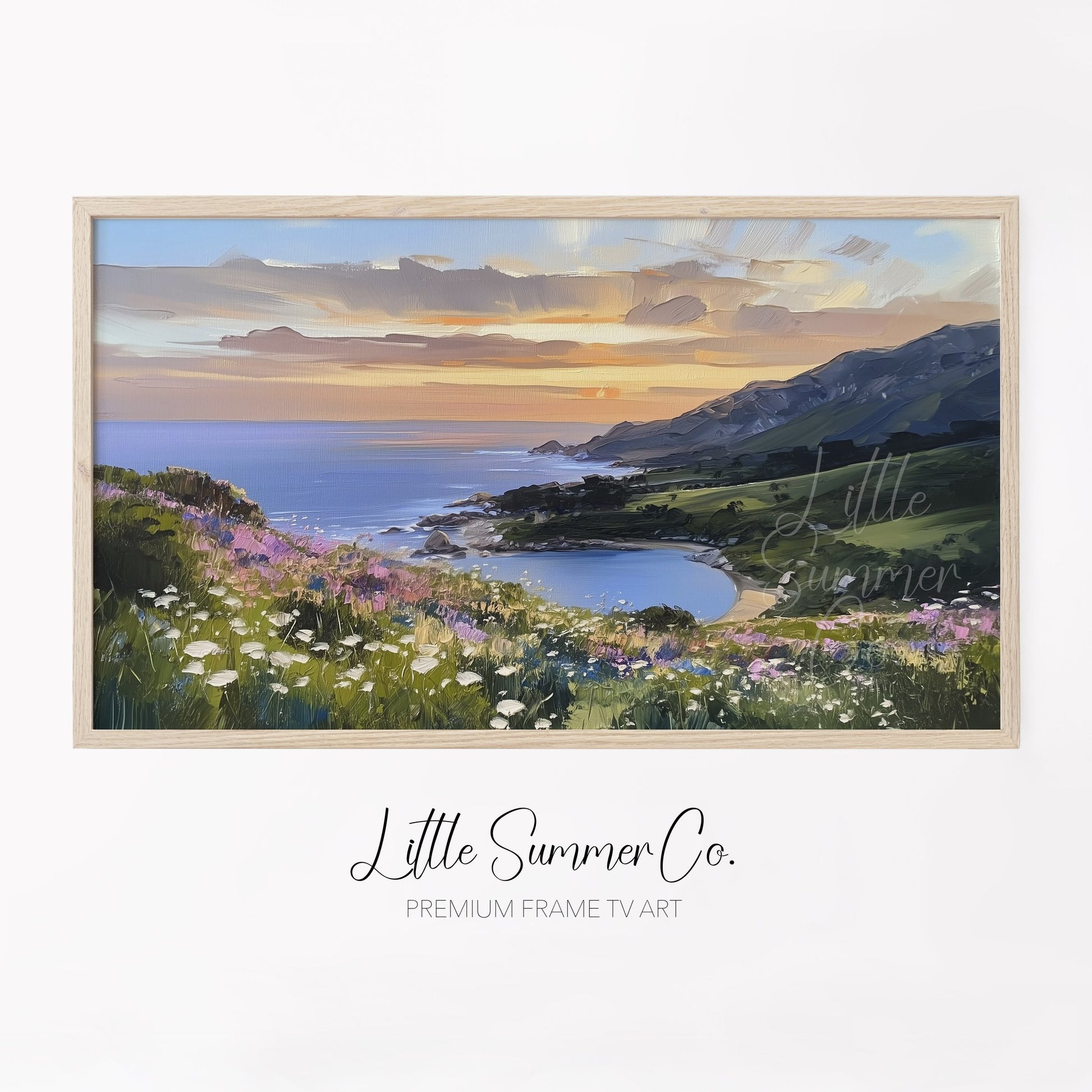 Wildflower Coastal Bay Sunset Frame TV Art displayed on a TV