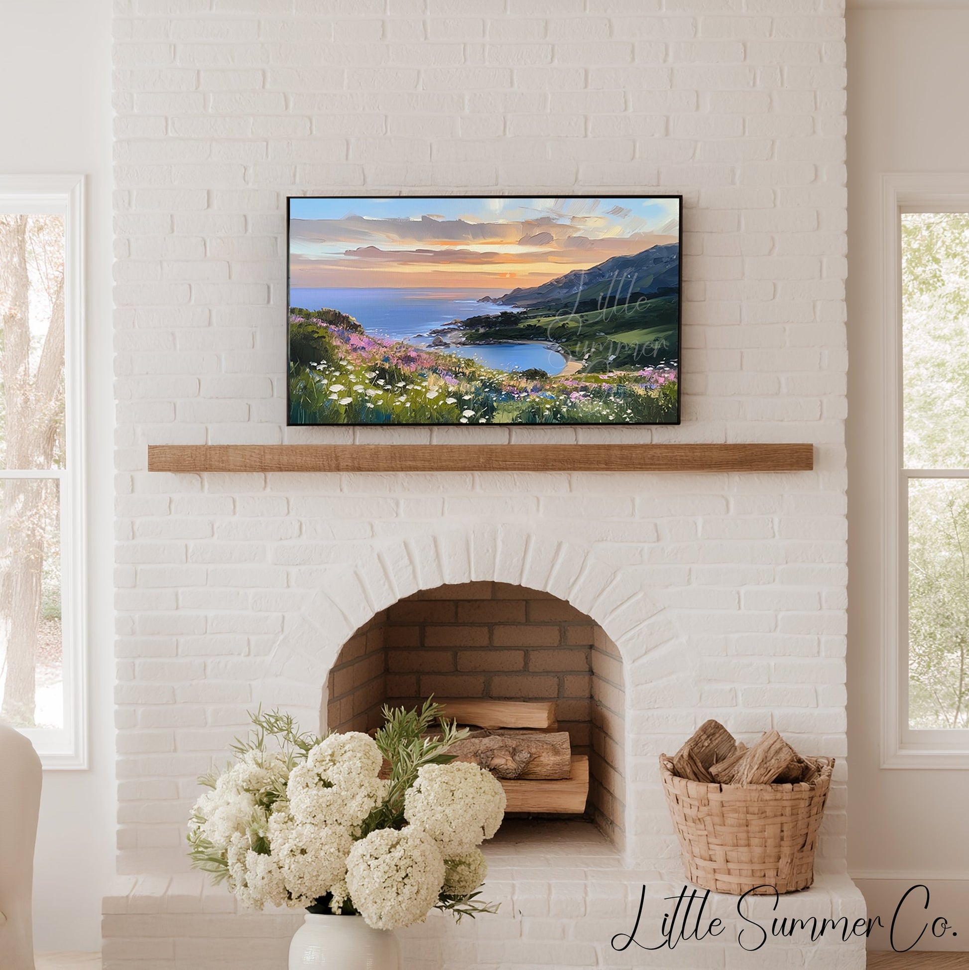 Wildflower Coastal Bay Sunset Frame TV Art displayed on a TV