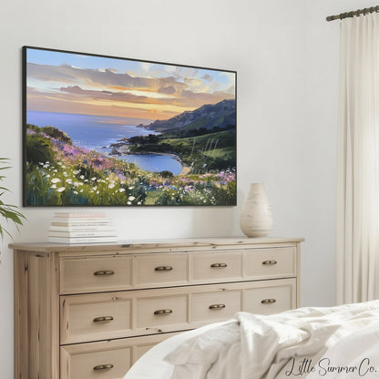 Wildflower Coastal Bay Sunset Frame TV Art displayed on a TV