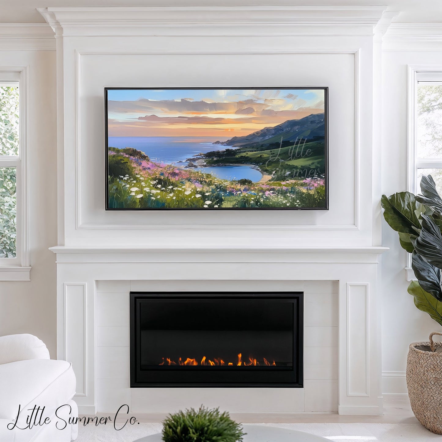Wildflower Coastal Bay Sunset Frame TV Art displayed on a TV