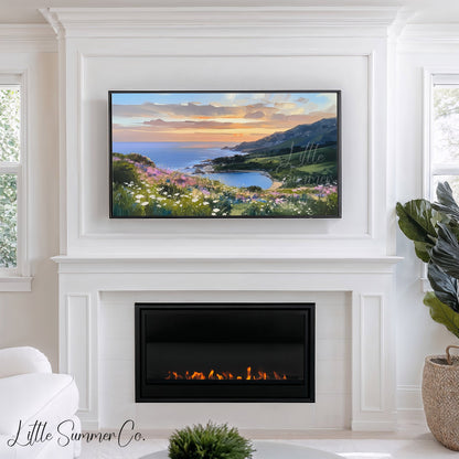 Wildflower Coastal Bay Sunset Frame TV Art displayed on a TV