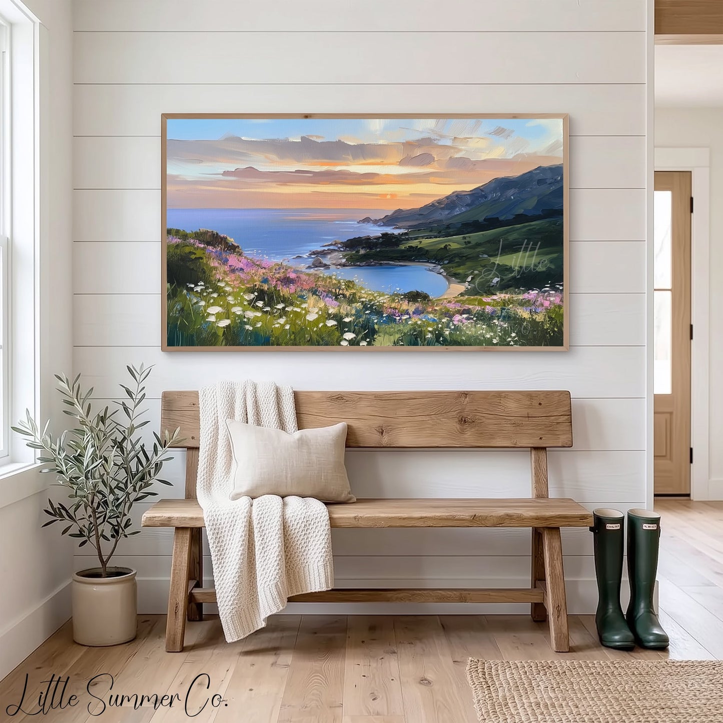 Wildflower Coastal Bay Sunset Frame TV Art displayed on a TV