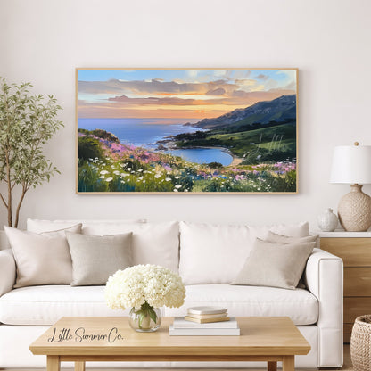 Wildflower Coastal Bay Sunset Frame TV Art displayed on a TV