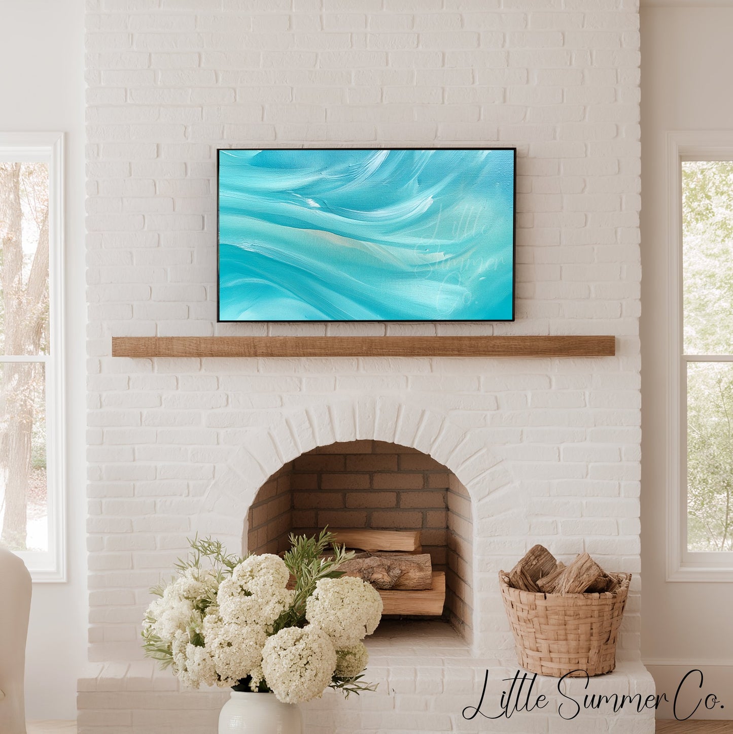 Turquoise Waves Frame TV Art displayed on a TV