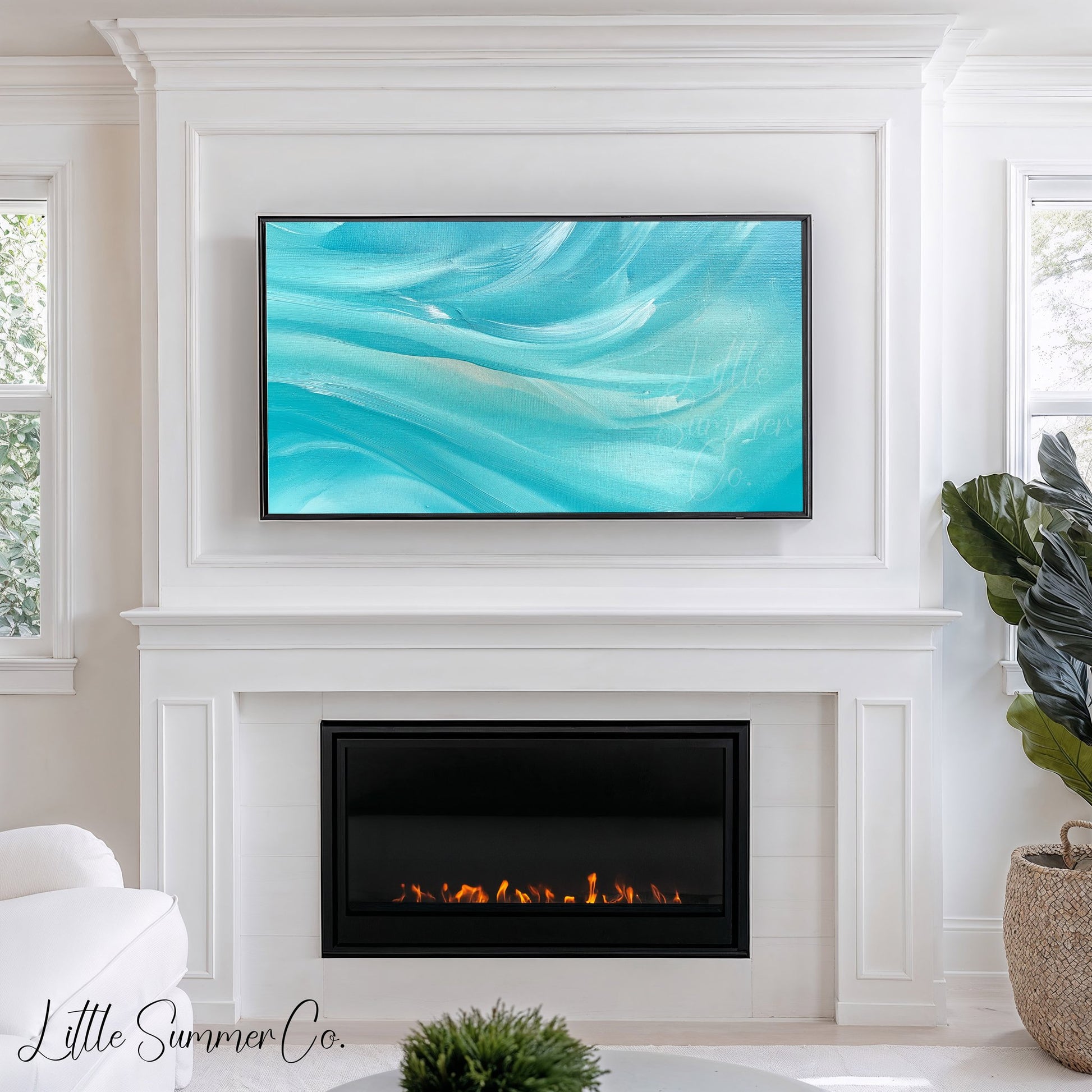 Turquoise Waves Frame TV Art displayed on a TV