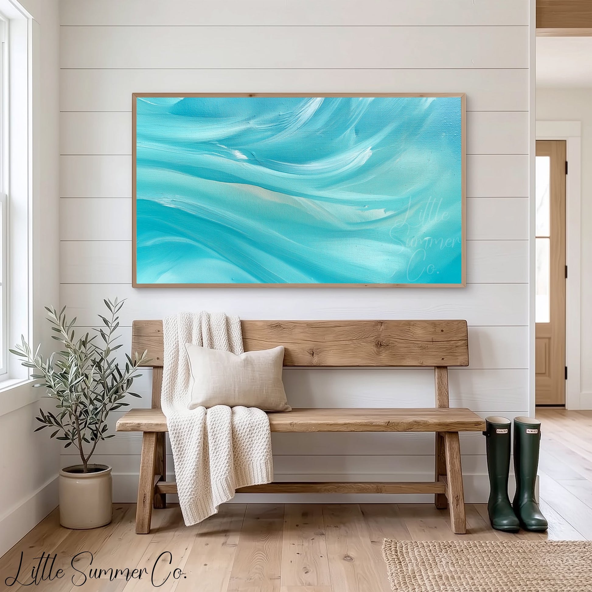 Turquoise Waves Frame TV Art displayed on a TV