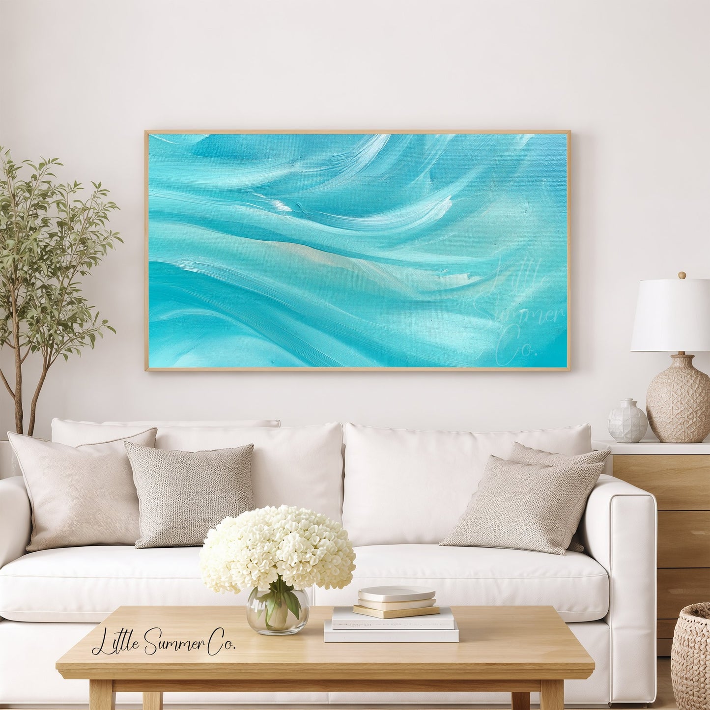 Turquoise Waves Frame TV Art displayed on a TV