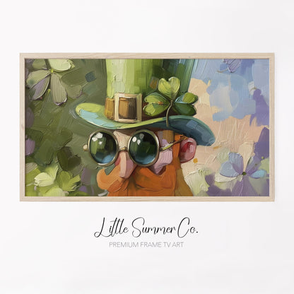 Leprechaun with Sunglasses Frame TV Art displayed on a TV