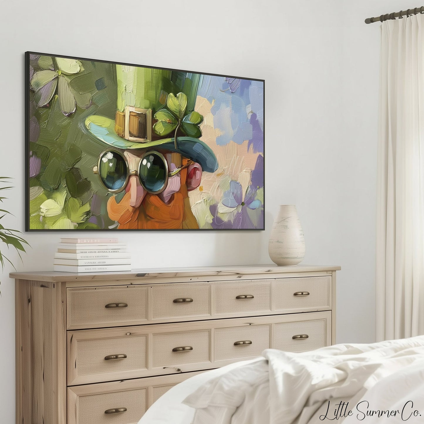Leprechaun with Sunglasses Frame TV Art displayed on a TV