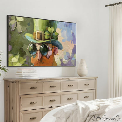 Leprechaun with Sunglasses Frame TV Art displayed on a TV