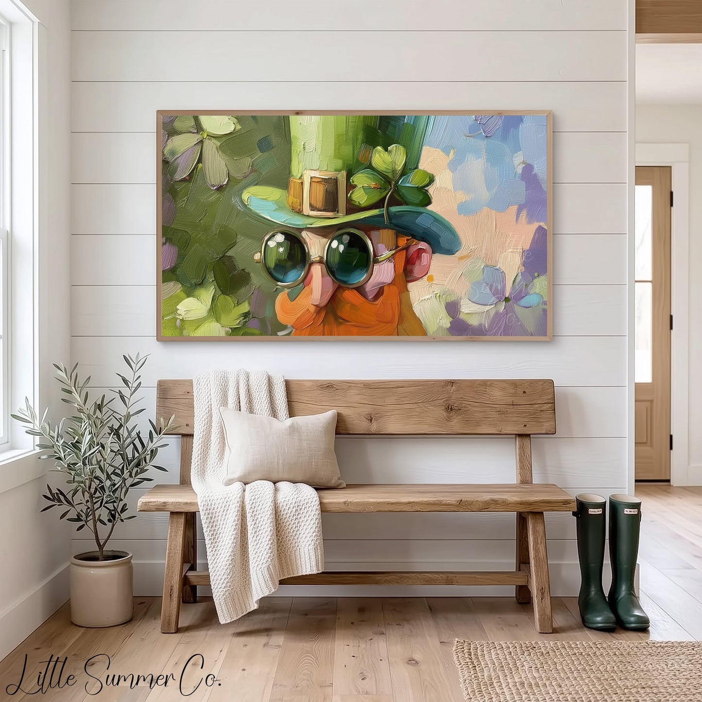 Leprechaun with Sunglasses Frame TV Art displayed on a TV