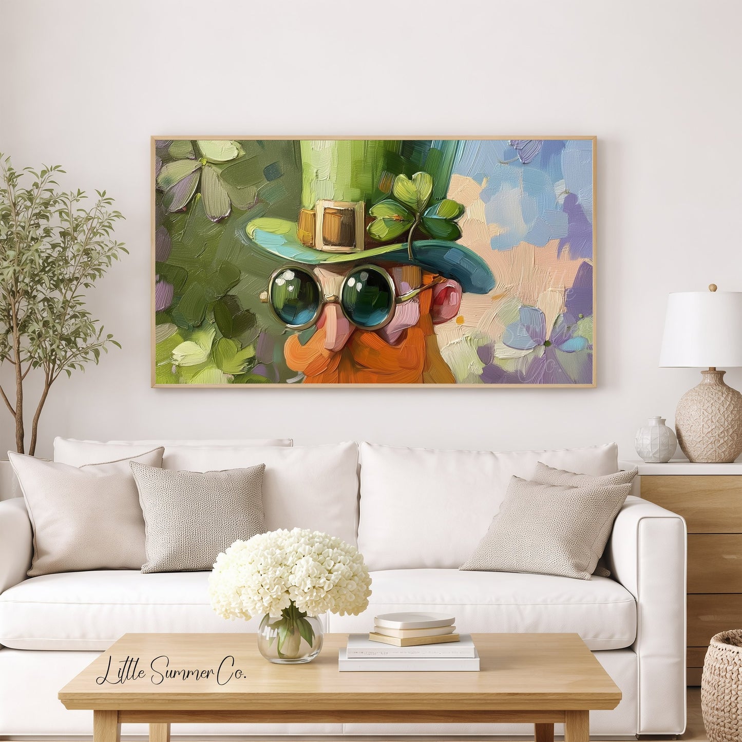 Leprechaun with Sunglasses Frame TV Art displayed on a TV