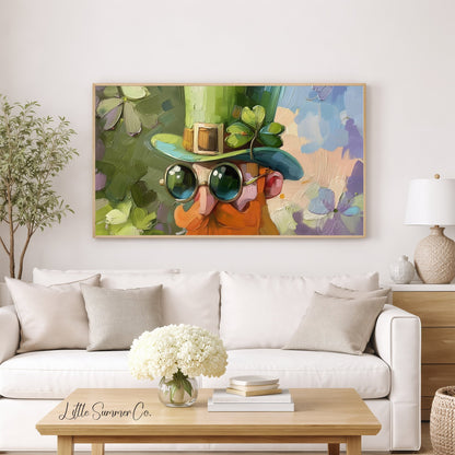 Leprechaun with Sunglasses Frame TV Art displayed on a TV