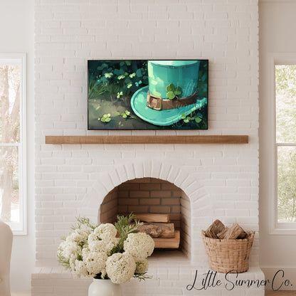 Leprechaun Hat and Shamrock Frame TV Art displayed on a TV