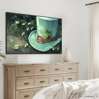 Leprechaun Hat and Shamrock Frame TV Art displayed on a TV