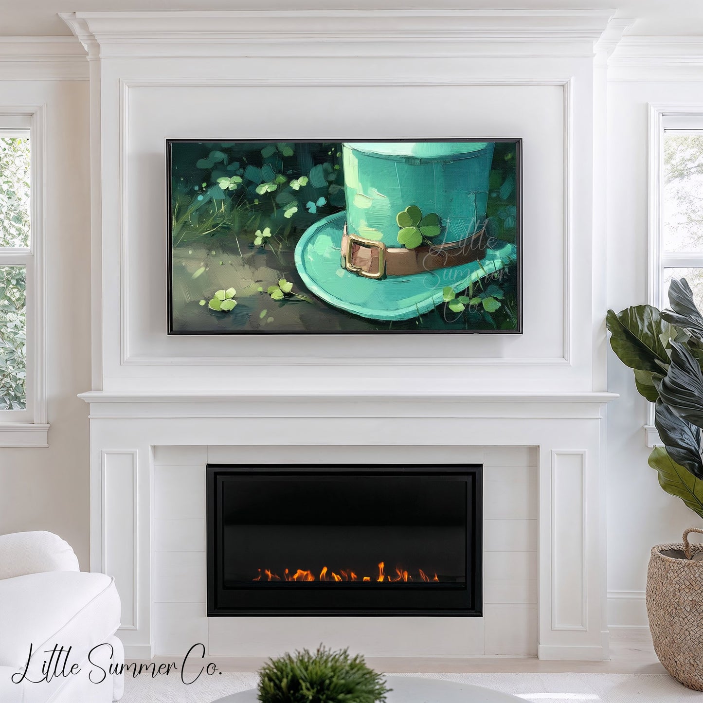 Leprechaun Hat and Shamrock Frame TV Art displayed on a TV